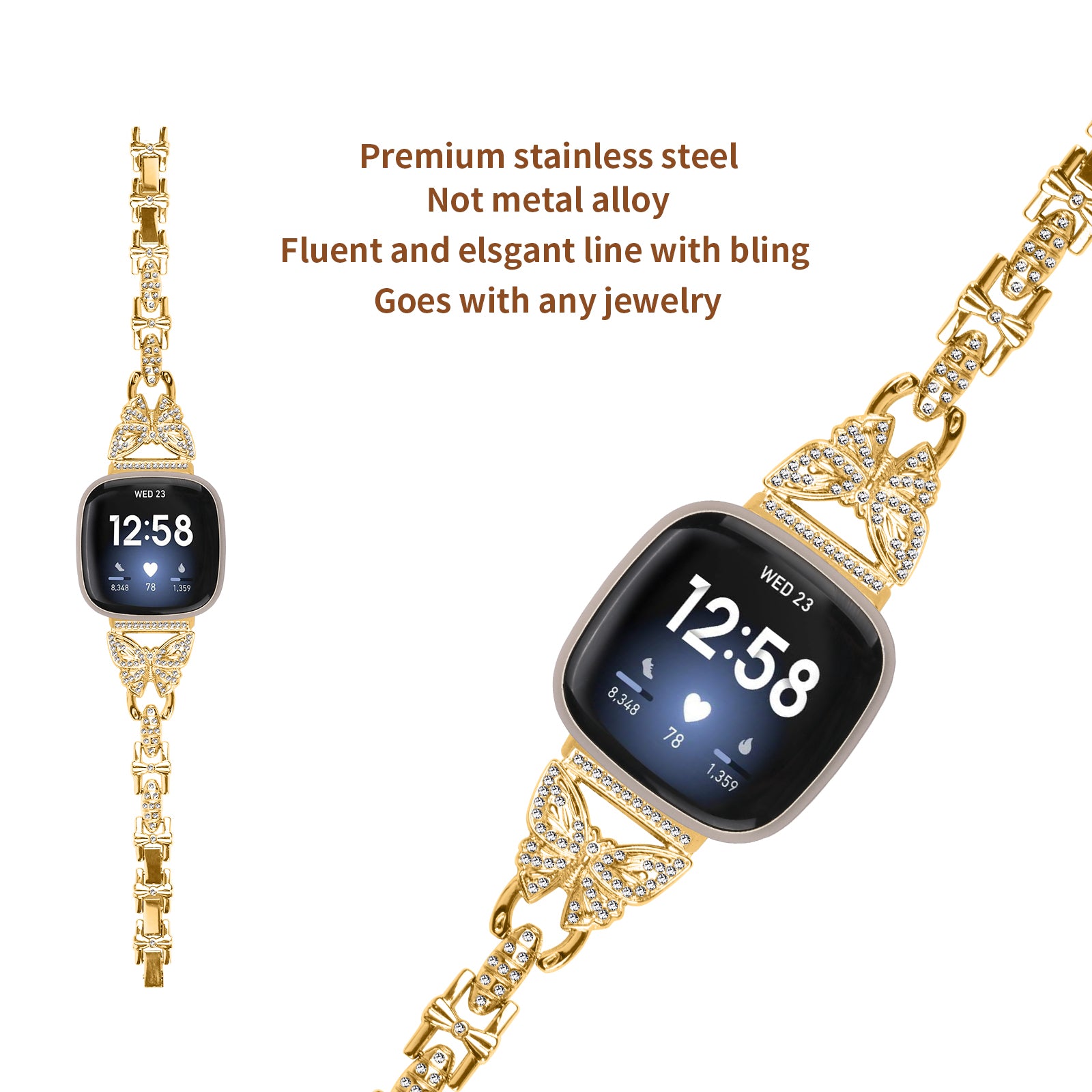 For Fitbit Versa 3 Sense Stainless Steel Bracelet Butterfly Rhinestone Decor Watch Band For Fitbit Versa 3 Sense Stainless Steel Bracelet Butterfly Rhinestone Decor Watch Band